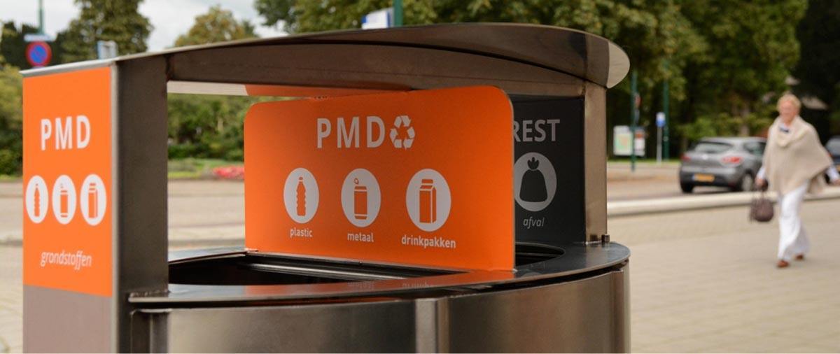 Nieuw van Ecobin: RVS afvalbak Oval PMD - Restafval en plastic, metaal, drankkartons - Openbare buitenruimte